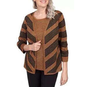 Alfred Dunner Cardigan Top Metallic Stripe Brown 3/4 Sleeve 2-n-1